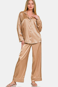 Hazel Blues® |  Zenana Satin Long Sleeve Shirt and Pants Pajama Set