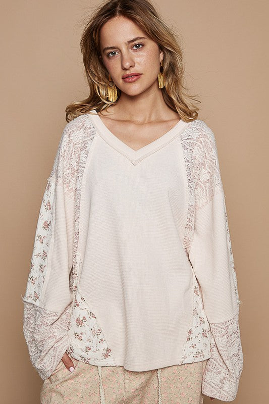 Hazel Blues® |  POL Lace Floral Round Neck Knit Top