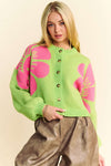 Hazel Blues® |  Davi & Dani Flower Contrast Round Neck Long Sleeve Cardigan