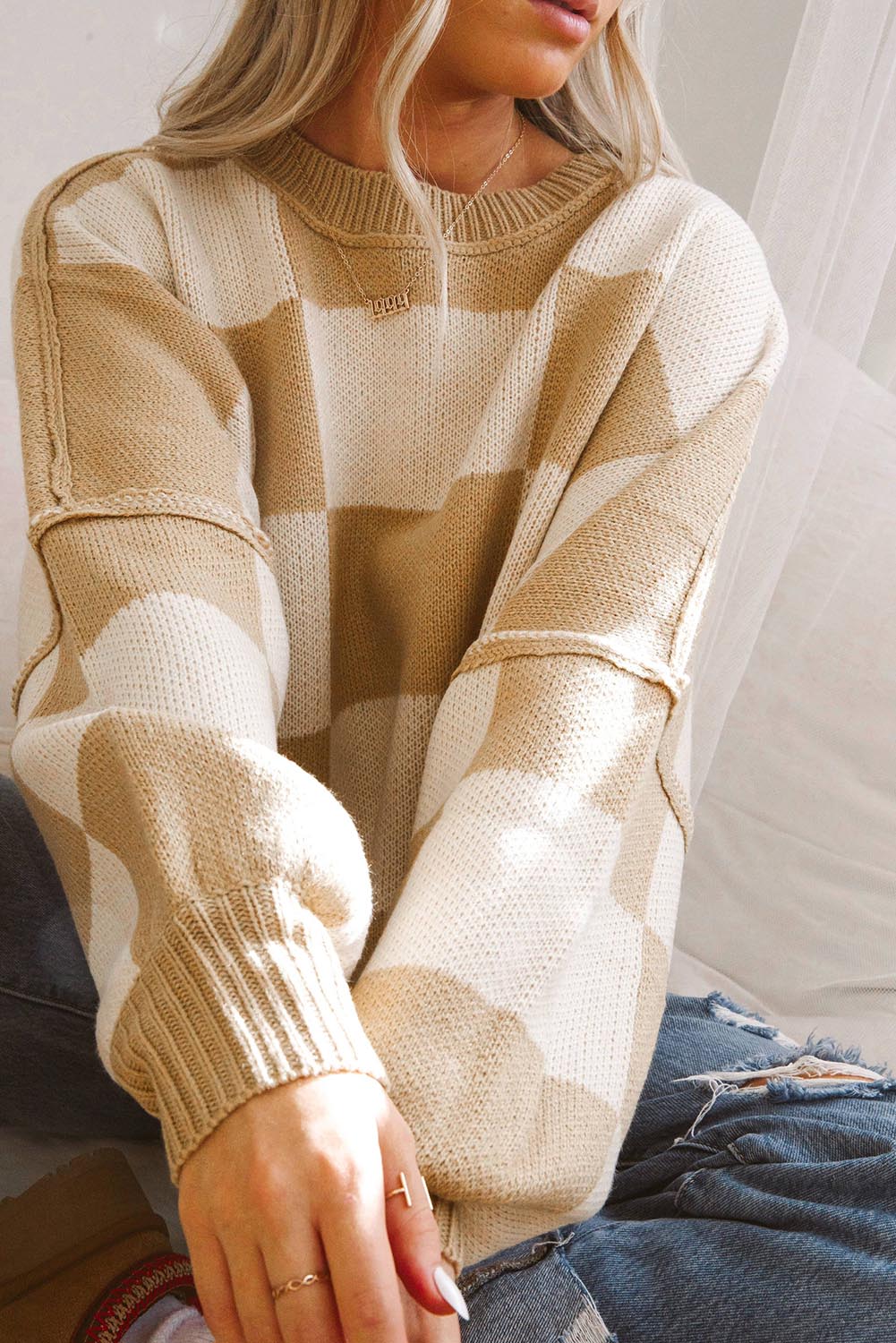 Checkered Bishop-Sleeve Sweater