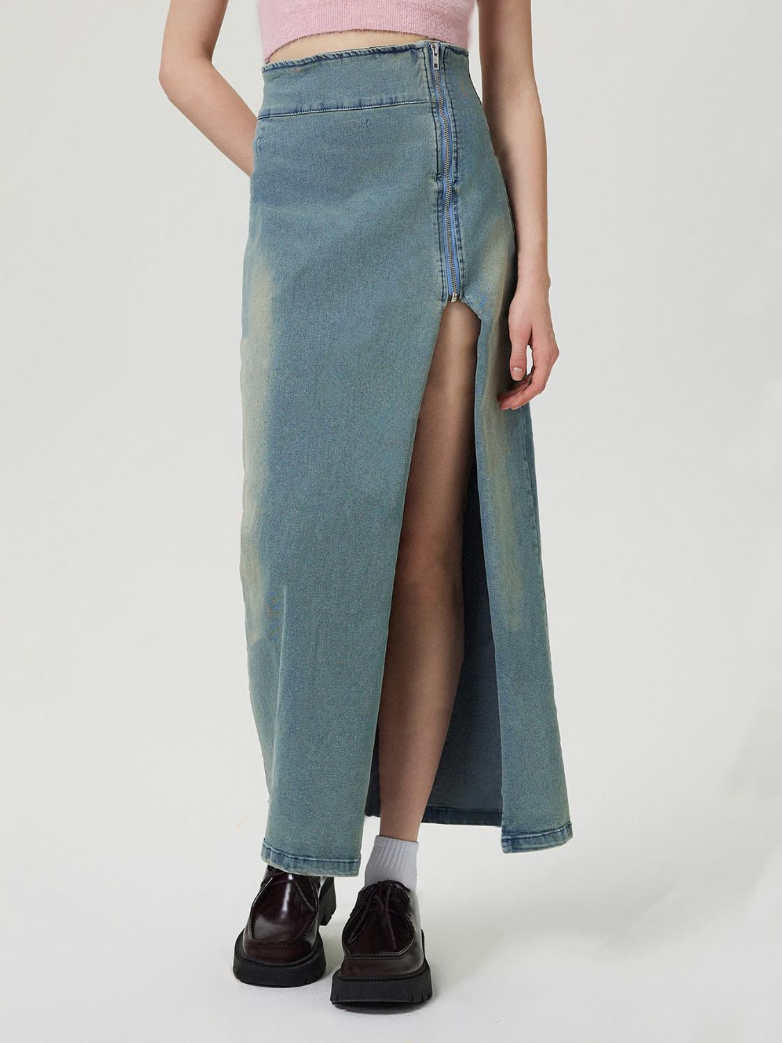 Hazel Blues® |  Slit Denim Skirt with Zip