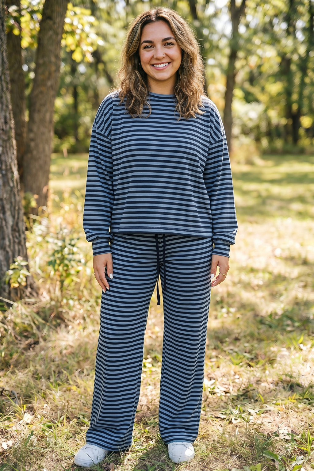 Lucy Grace Blue Stripe Long-Sleeve Drawstring Waist Lounge Pants Set