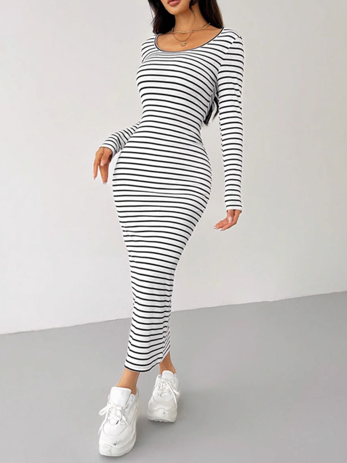 Hazel Blues® |  Striped Scoop Neck Long Sleeve Midi Tee Dress