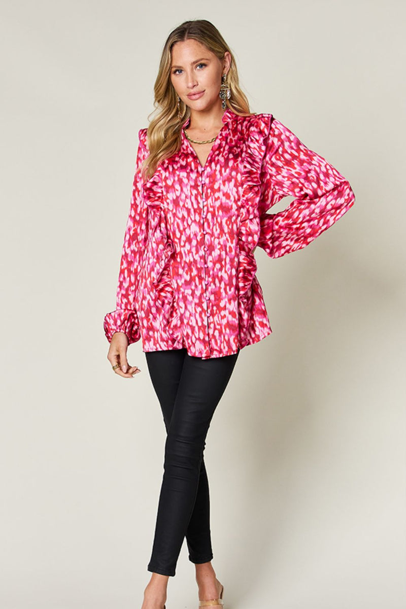 Hazel Blues® |  Double Take Printed Ruffle Trim Balloon Sleeve Shirt