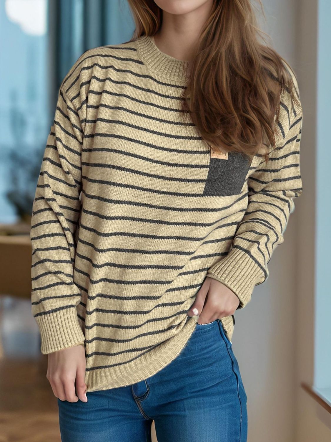 Hazel Blues® |  Striped Mock Neck Long Sleeve Sweater