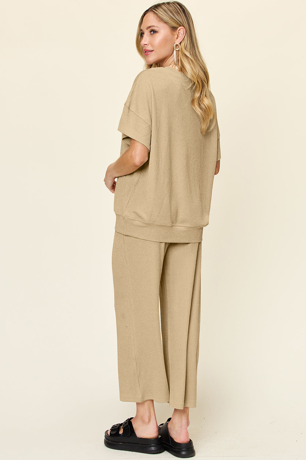 Hazel Blues® |  Double Take Texture Round Neck Short Sleeve T-Shirt and Wide Leg Pants