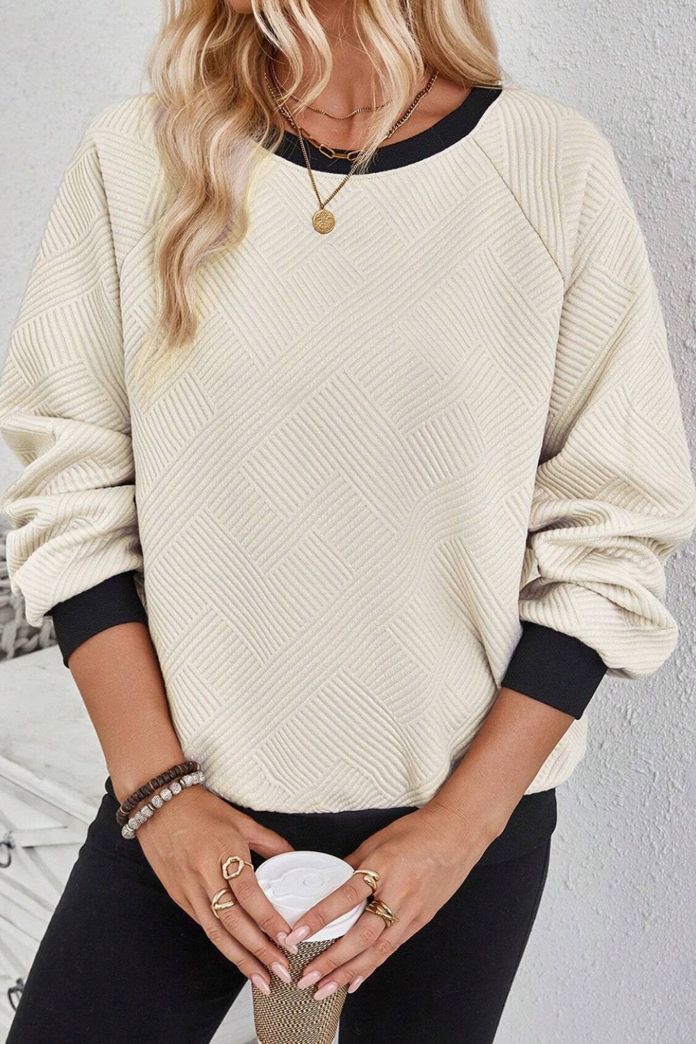 Hazel Blues® |  Texture Contrast Long Sleeve Sweatshirt