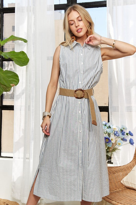 Hazel Blues® |  ADORA Striped Button Down Sleeveless Midi Dress