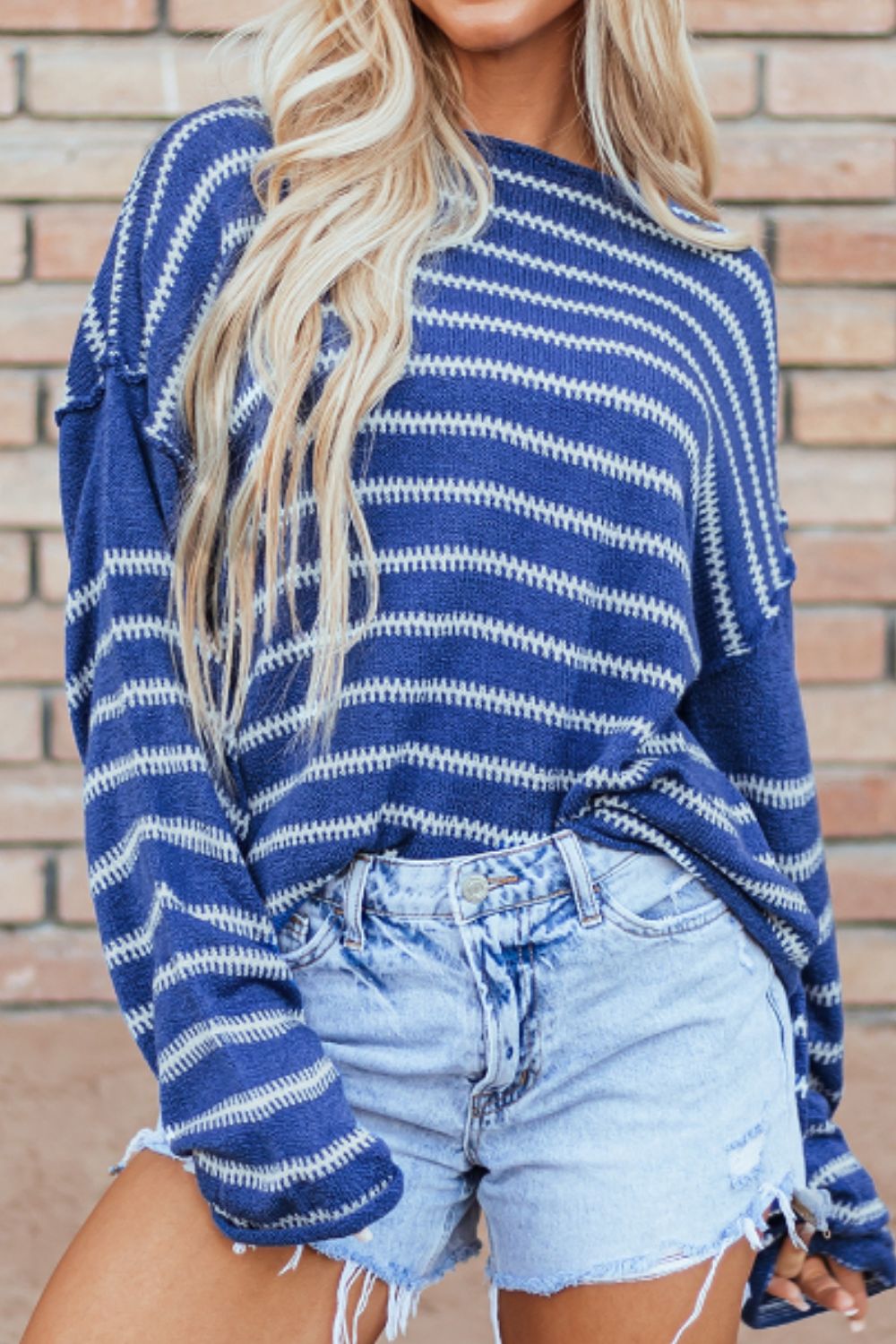 Hazel Blues® |  Striped Round Neck Dropped Shoulder Sweater