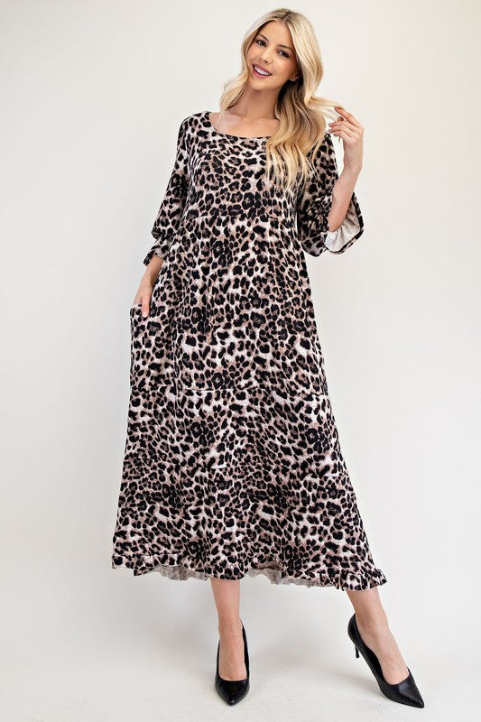 Hazel Blues® |  Celeste Leopard Round Neck Flounce Sleeve Dress