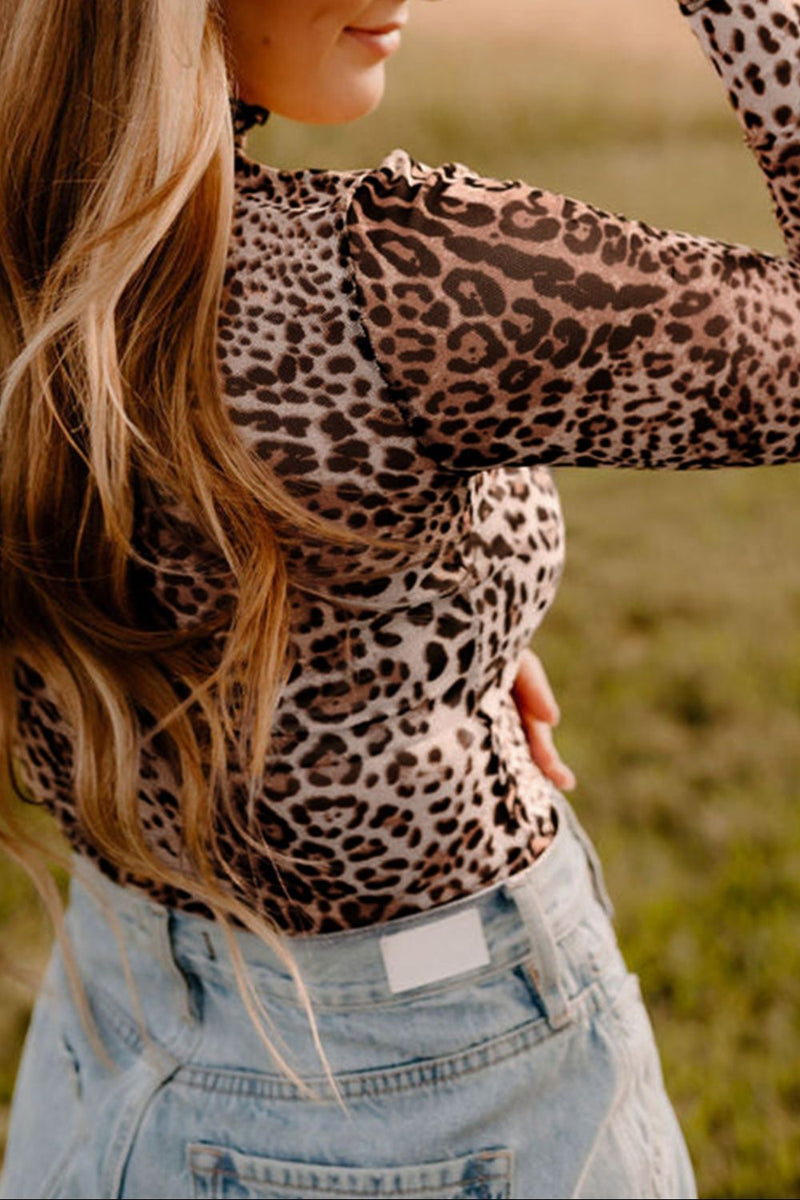 Hazel Blues® |  Turtleneck Leopard Long Sleeve Bodysuit