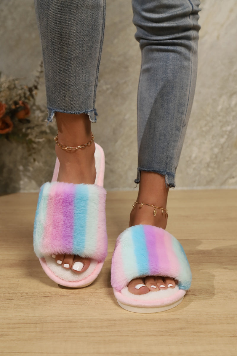 Hazel Blues® |  Color Block Open Toe Faux Fur PVC Slippers