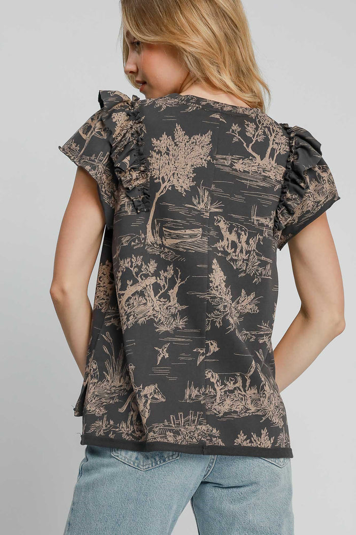 Hazel Blues® |  Umgee Ruffled Landscape Print Short Sleeve French Terry Top