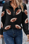 Hazel Blues® |  Black Sequin Football Patched Quarter Zip Textured Sweatshirt