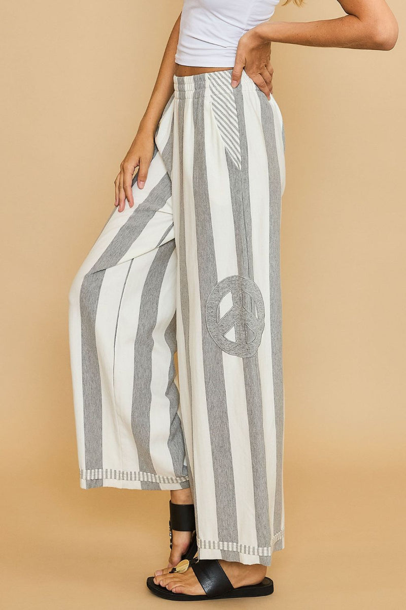 Hazel Blues® |  Umgee Peace Sign Patch Striped Wide Leg Pants