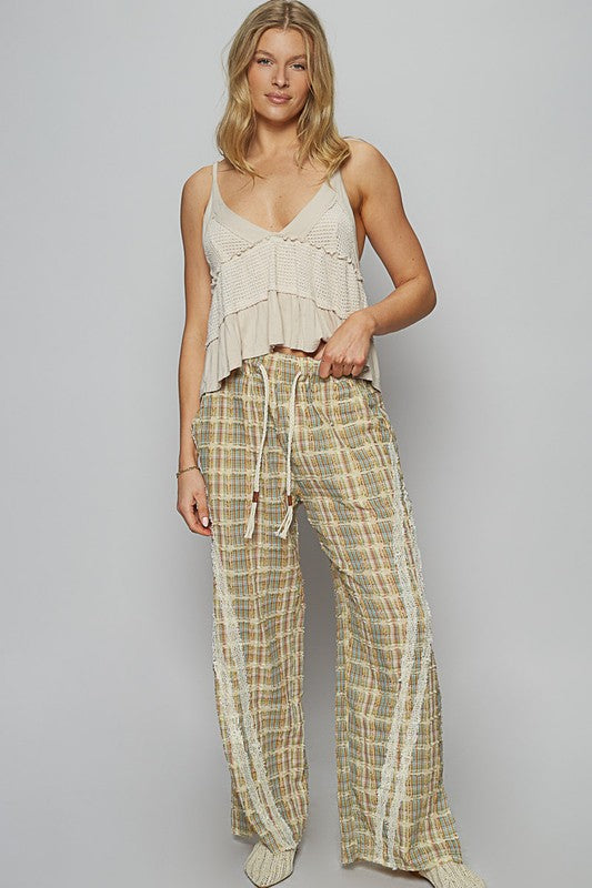 Hazel Blues® |  POL Lace Trim Drawstring Checkered Wide Leg Pants