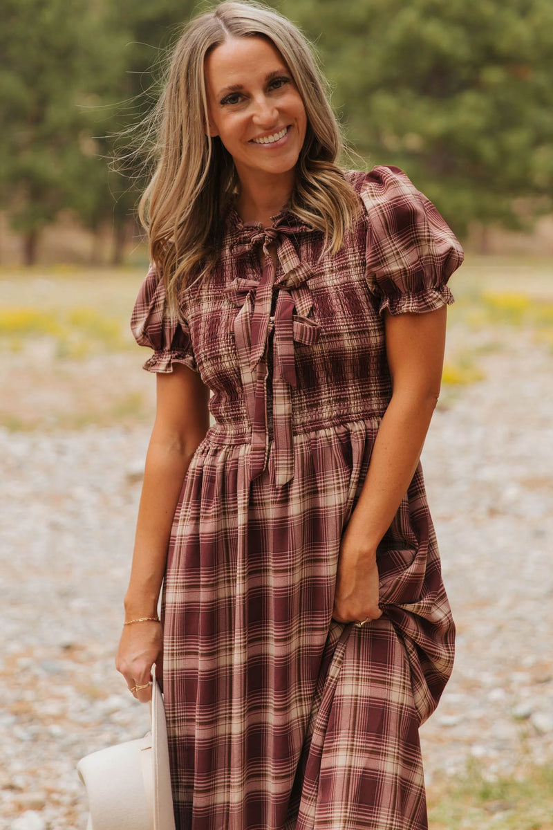 Vintage Plaid Knot Front Smocked High Waist Midi Dress