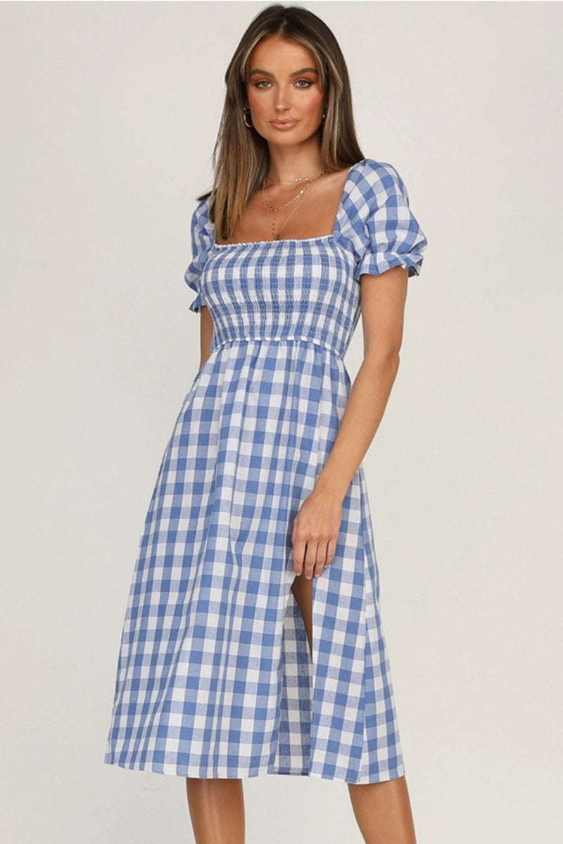 Hazel Blues® |  Slit Plaid Short Sleeve Midi Dress