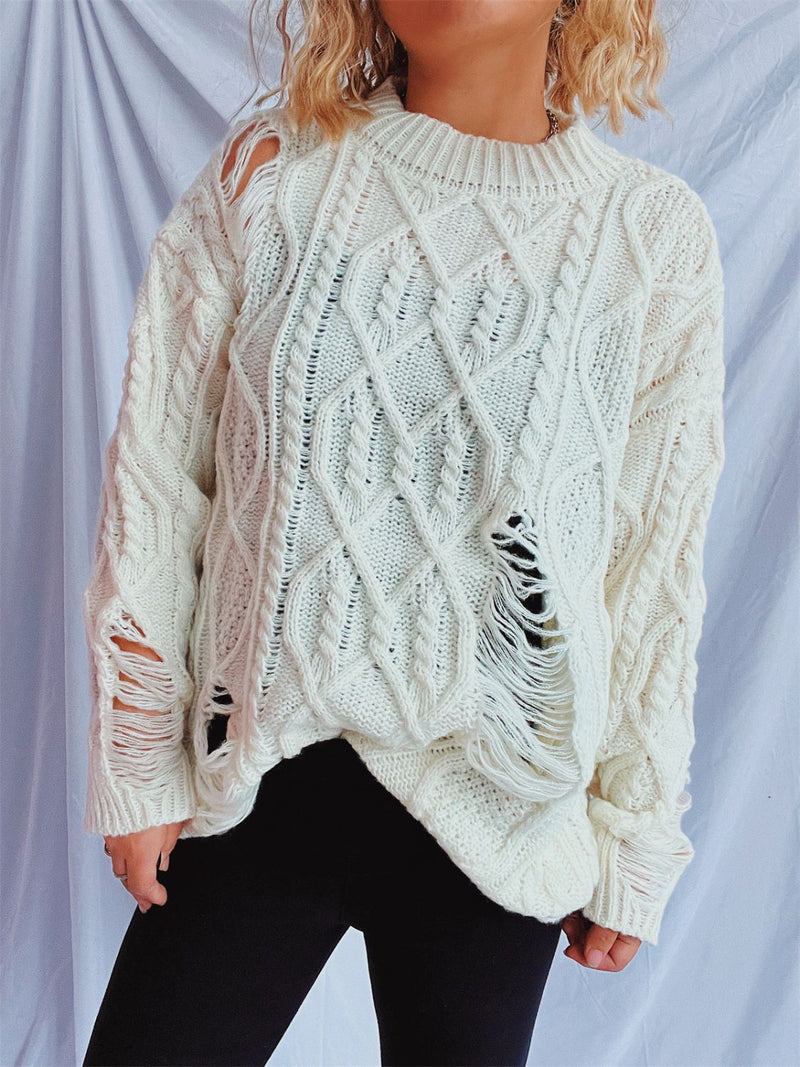 Hazel Blues® |  Distressed Cable-Knit Round Neck Long Sleeve Sweater