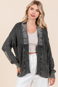 Hazel Blues® |  Mittoshop Contrast Patch Open Front Mineral Wash Cardigan