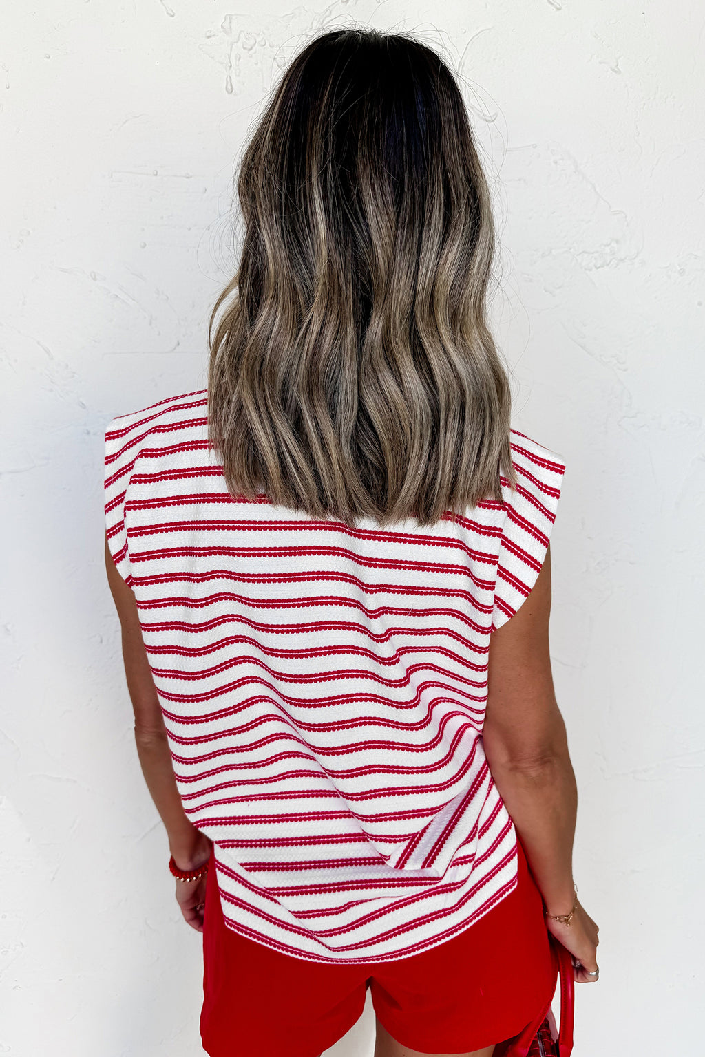 Red Striped Textured-Knit Button-Detail Tee