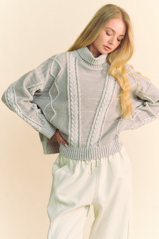 Hazel Blues® |  Davi & Dani Cable-Knit Turtleneck Dropped Shoulder Sweater