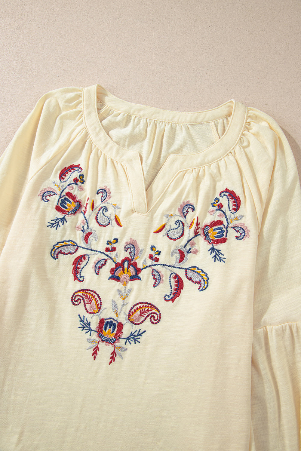 Hazel Blues® |  Embroidered Notched Long Sleeve Blouse