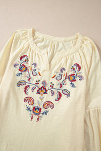 Hazel Blues® |  Embroidered Notched Long Sleeve Blouse