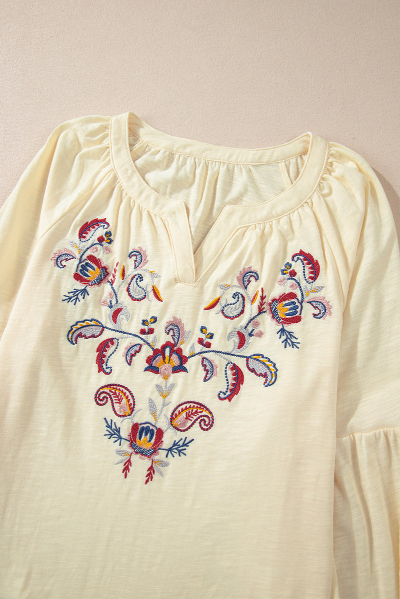 Hazel Blues® |  Embroidered Notched Long Sleeve Blouse