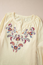 Hazel Blues® |  Embroidered Notched Long Sleeve Blouse