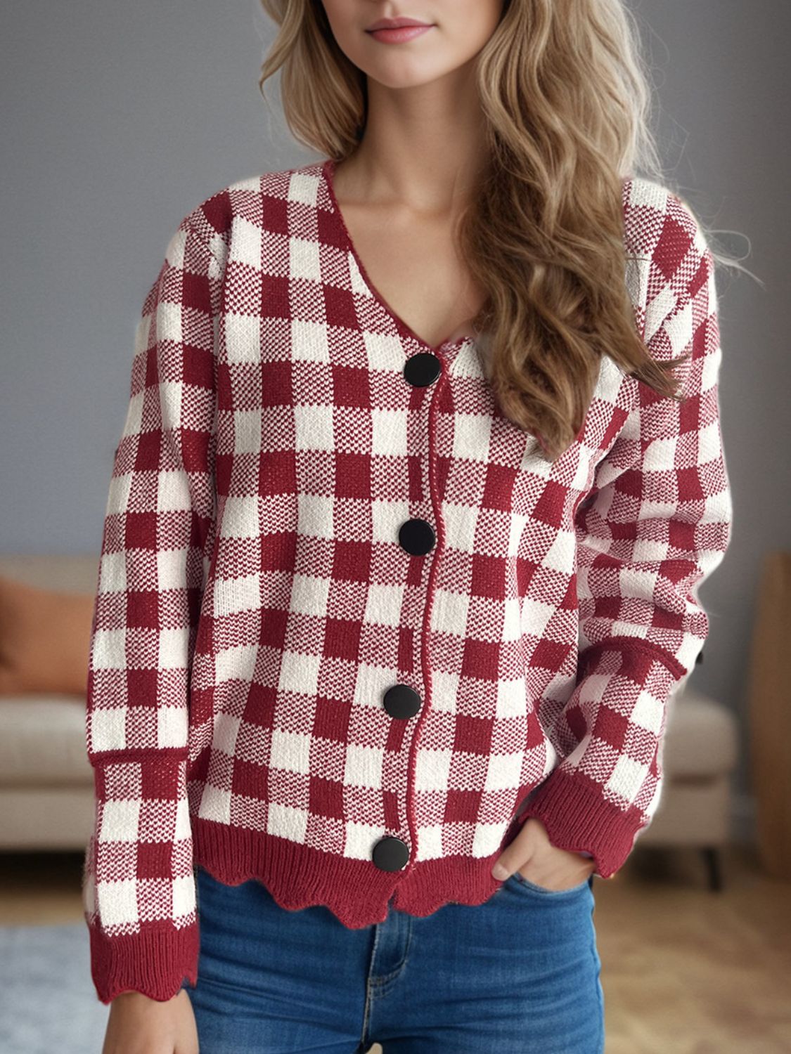 Hazel Blues® |  Plaid V-Neck Button Up Cardigan