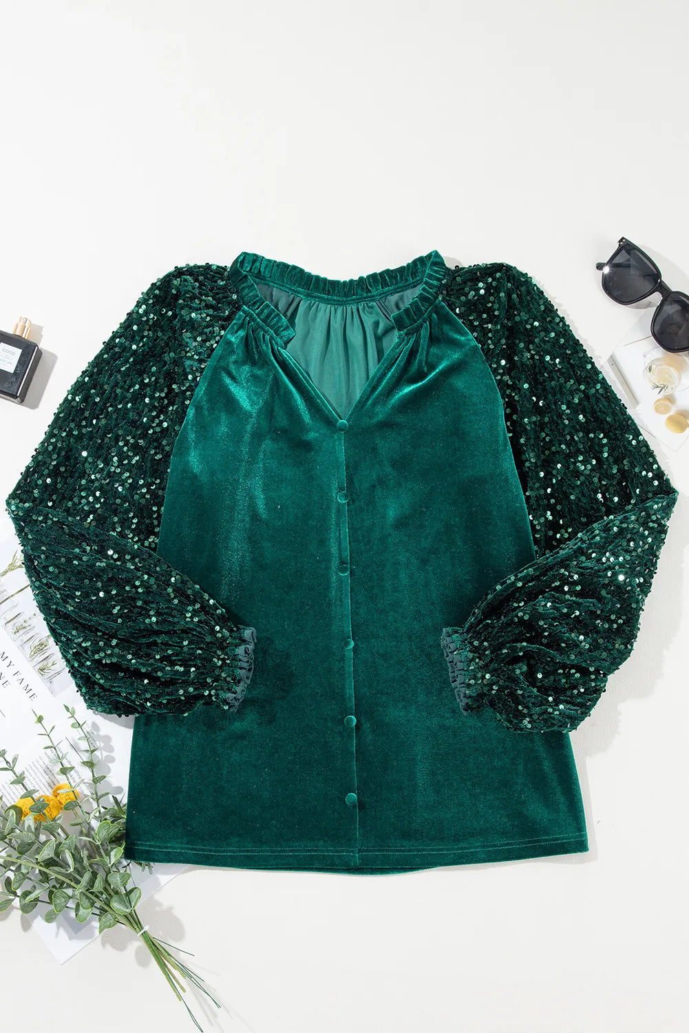 Hazel Blues® |  Sequin Notched Long Sleeve Blouse