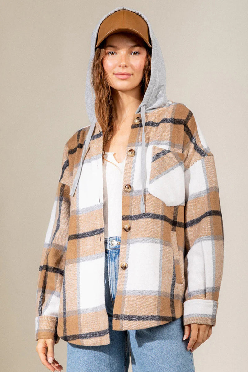 Hazel Blues® |  Drawstring Plaid Dropped Shoulder Hooded Shacket