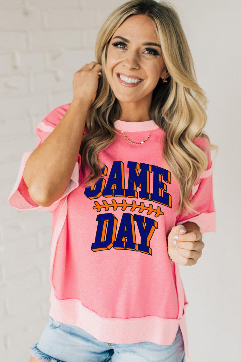 Hazel Blues® |  Peach Blossom Raw Seam Patchwork GAME DAY Letter Graphic Loose Tee