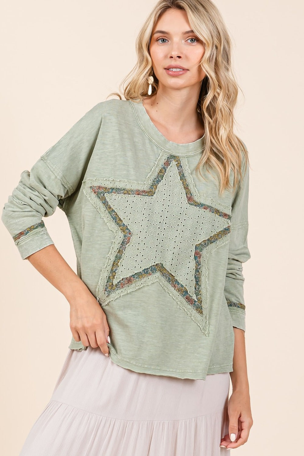 Hazel Blues® |  Mittoshop Mineral Wash Star Patch Long Sleeve T-Shirt