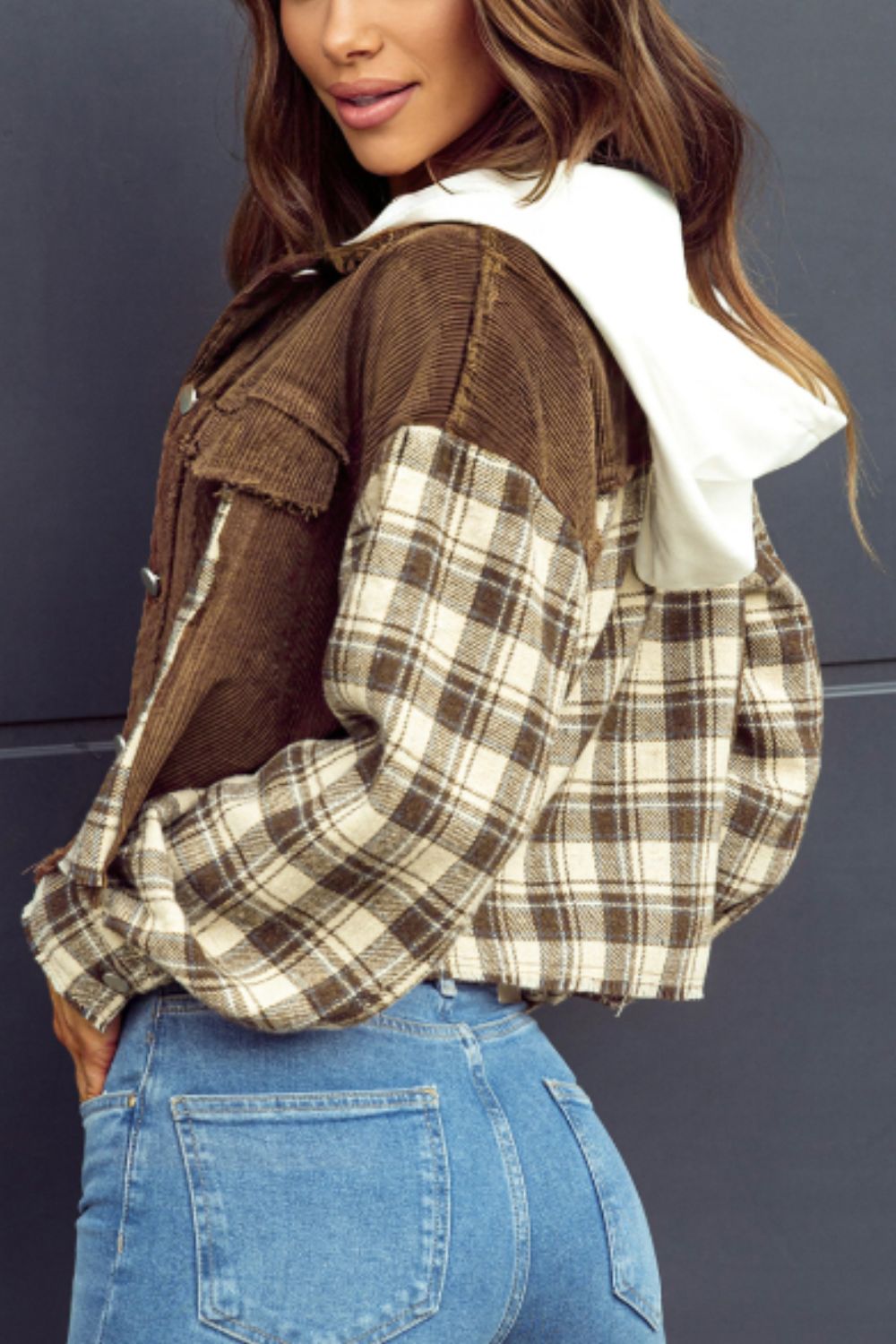 Hazel Blues® |  Raw Hem Plaid Cropped Hooded Jacket