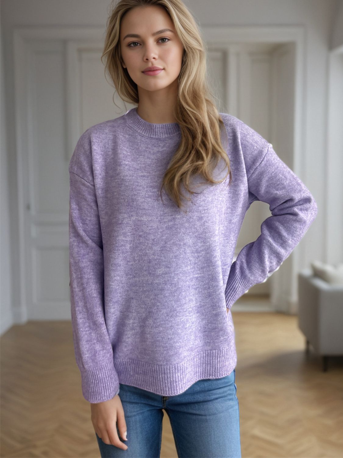 Hazel Blues® |  Round Neck Drop Shoulder Long Sleeve Sweater