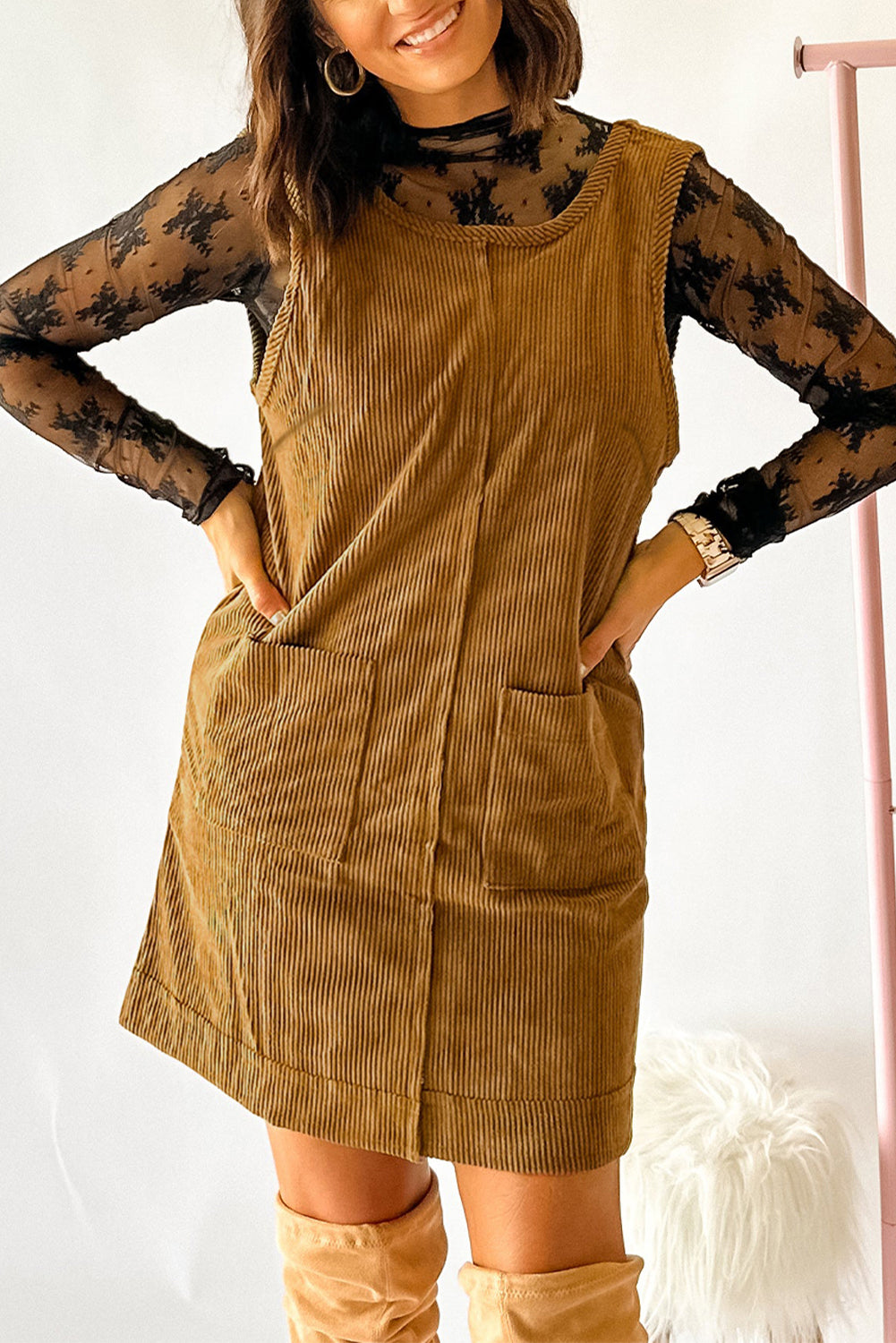 Hazel Blues® |  Beige Corduroy Sleeveless Mini Dress With Patched Pockets