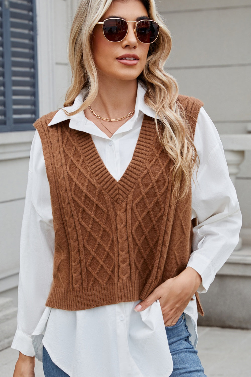 Hazel Blues® | Cable-Knit V-Neck Sweater Vest