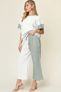 Hazel Blues® |  Double Take Texture Contrast T-Shirt and Wide Leg Pants Set