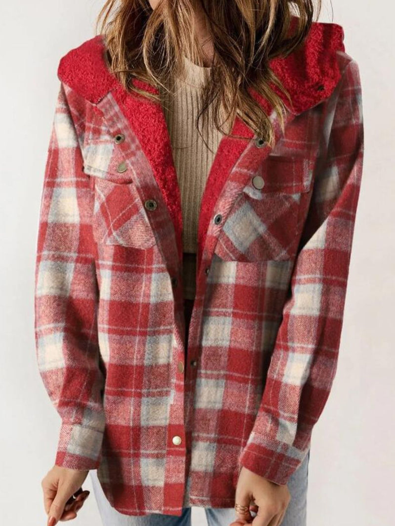 Hazel Blues® |  Plaid Snap Down Plush Hooded Jacket