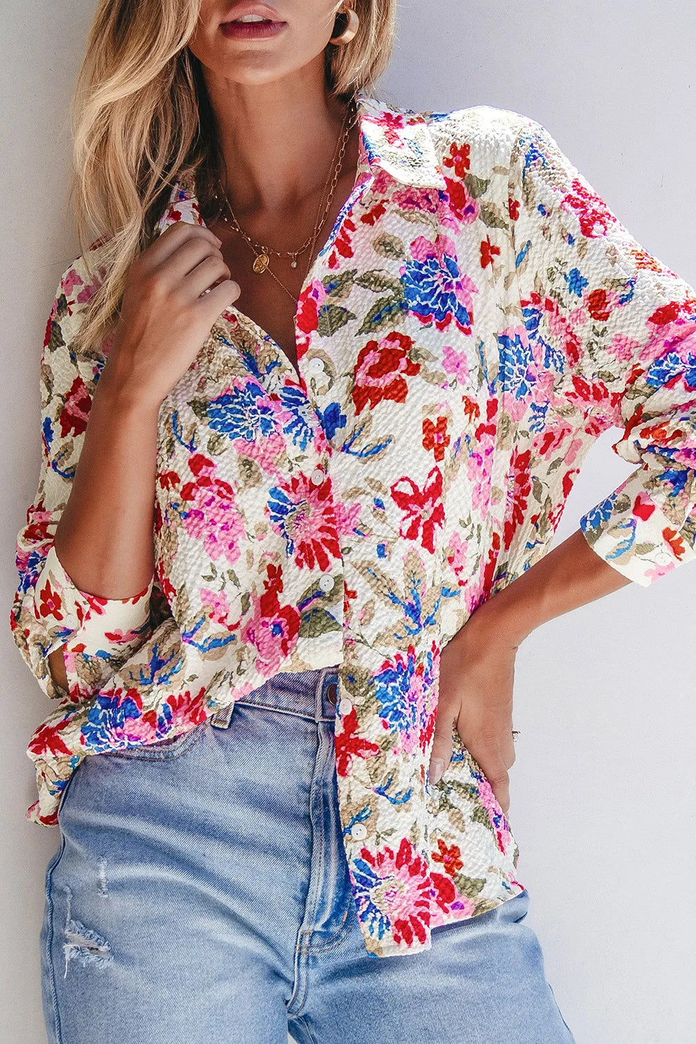 Hazel Blues® |  Floral Collared Neck Long Sleeve Shirt