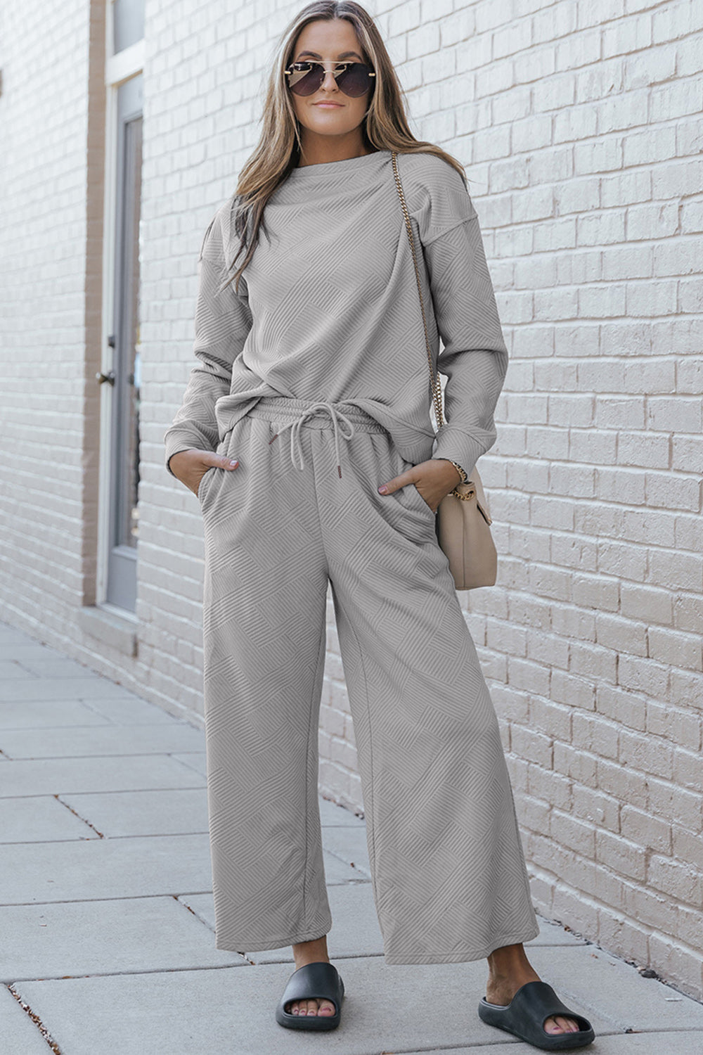 Hazel Blues® |  Double Take Textured Long Sleeve Top and Drawstring Pants Set