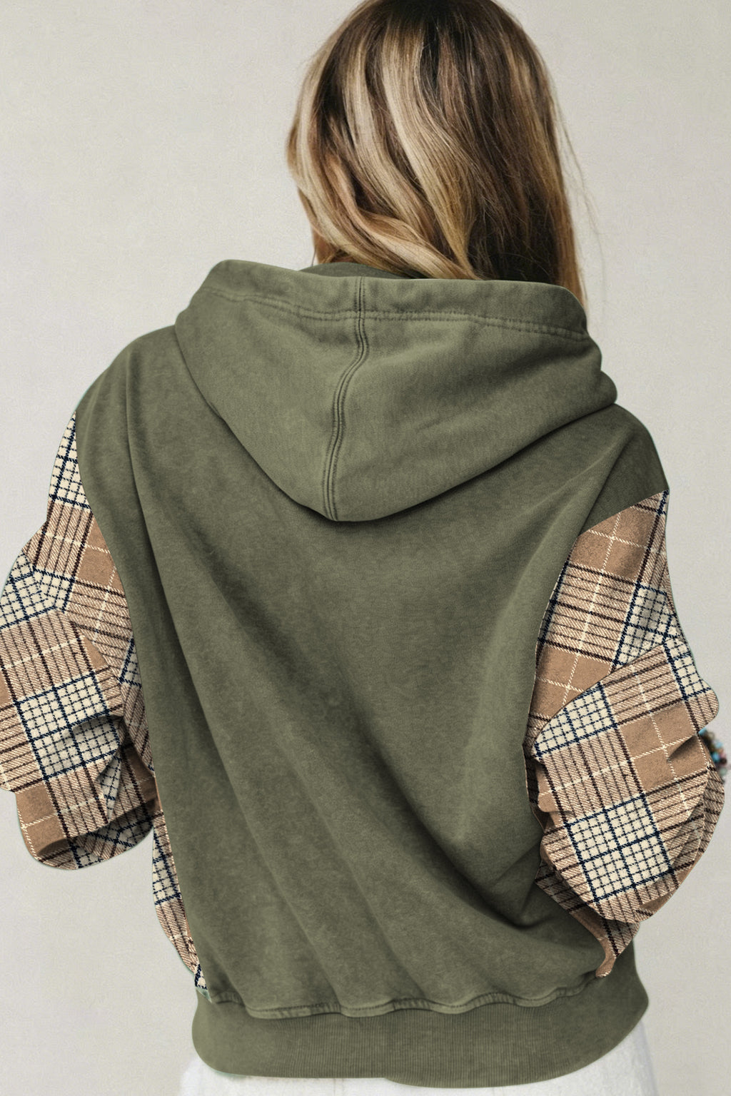 Josie Grace Green Plaid-Sleeve Pocket Hoodie