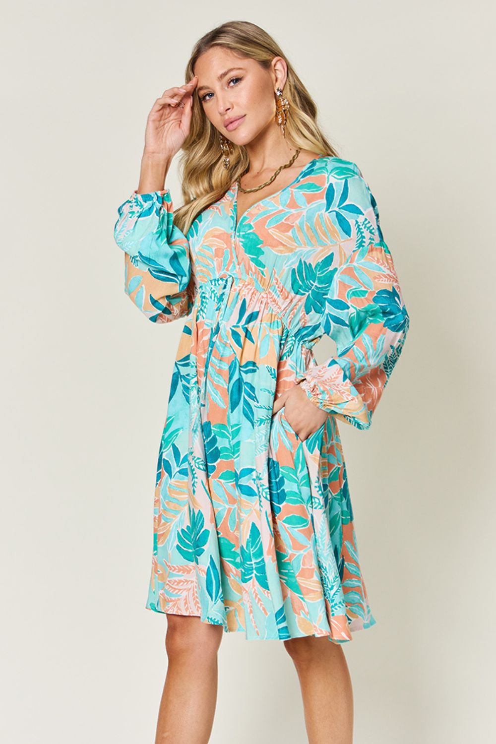 Hazel Blues® |  Double Take Printed V-Neck Drawstring Dress