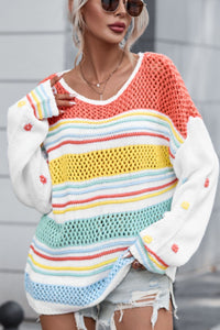 Hazel Blues® |  Hollow Striped Color Block Round Neck Sweater