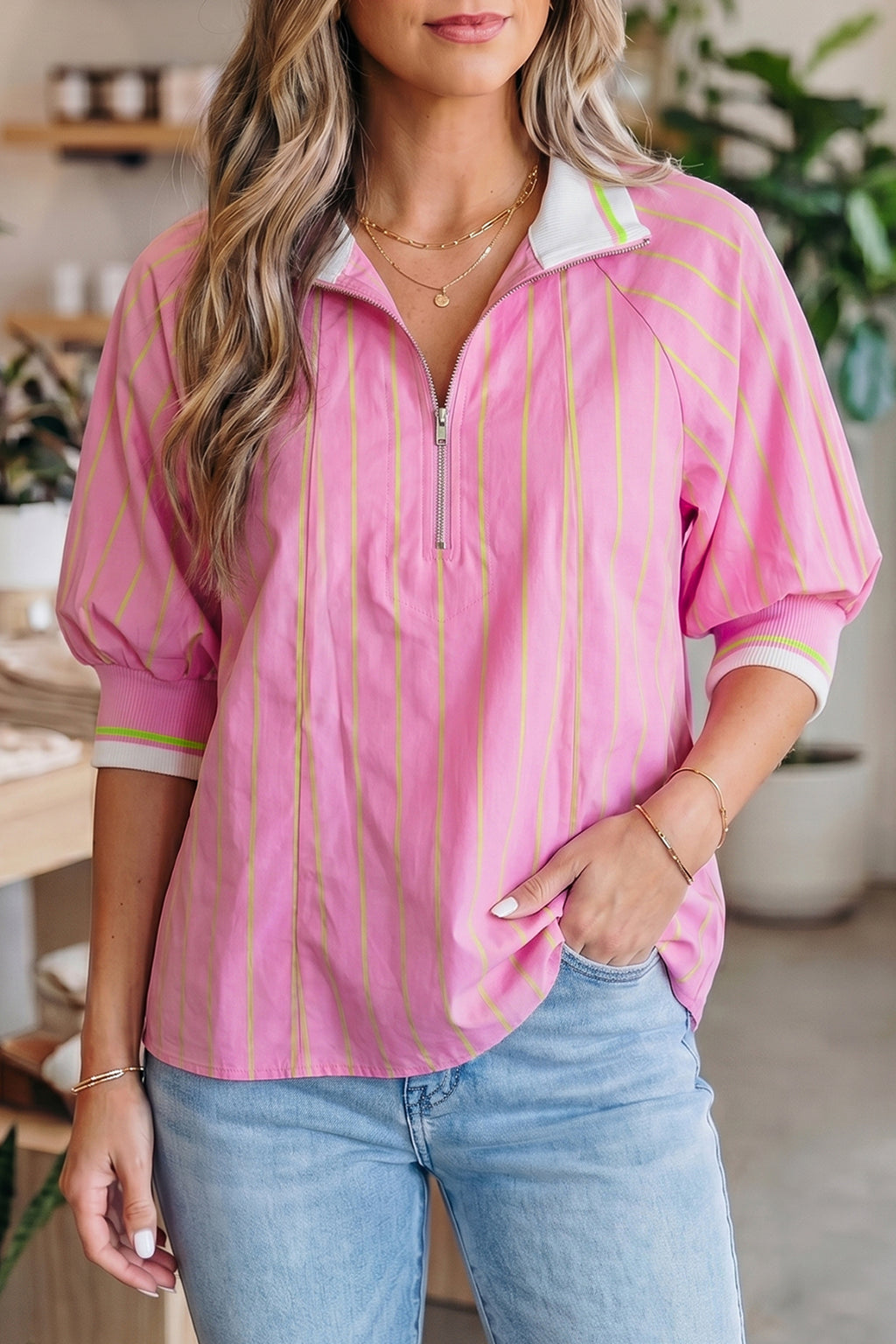 Pink Pop Zip Neck Blouse