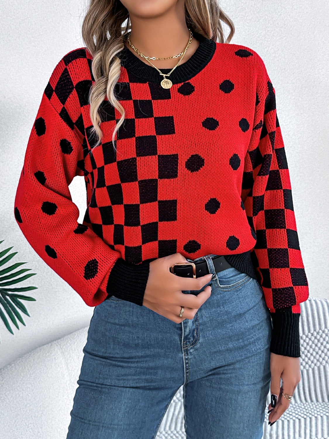 Hazel Blues® |  Plaid Round Neck Long Sleeve Sweater