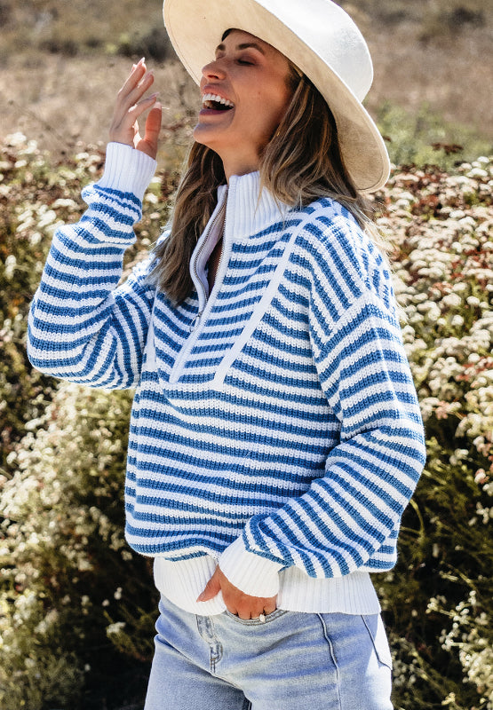 Hazel Blues® |  Striped Half Zip Mock Neck Long Sleeve Sweater