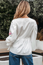 Hazel Blues® |  White Flower Lace-up V Neck Babydoll Blouse